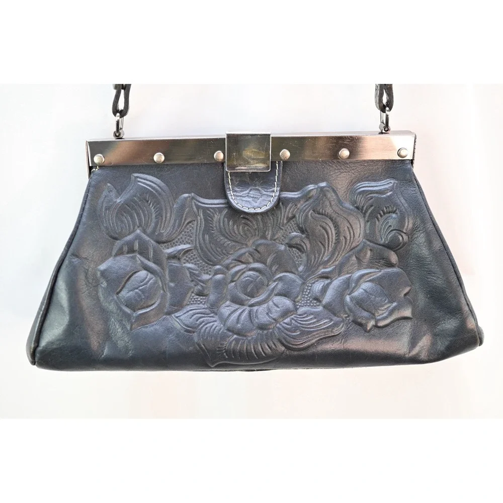 Patricia Nash Navy Italian Leather Floral Embossed Shoulder Bag Silver Hardware